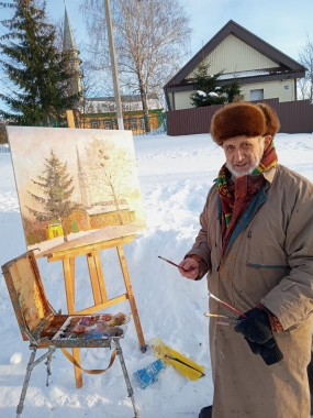 Художник Александр Чёрный на зимнем пленэре в Мингере